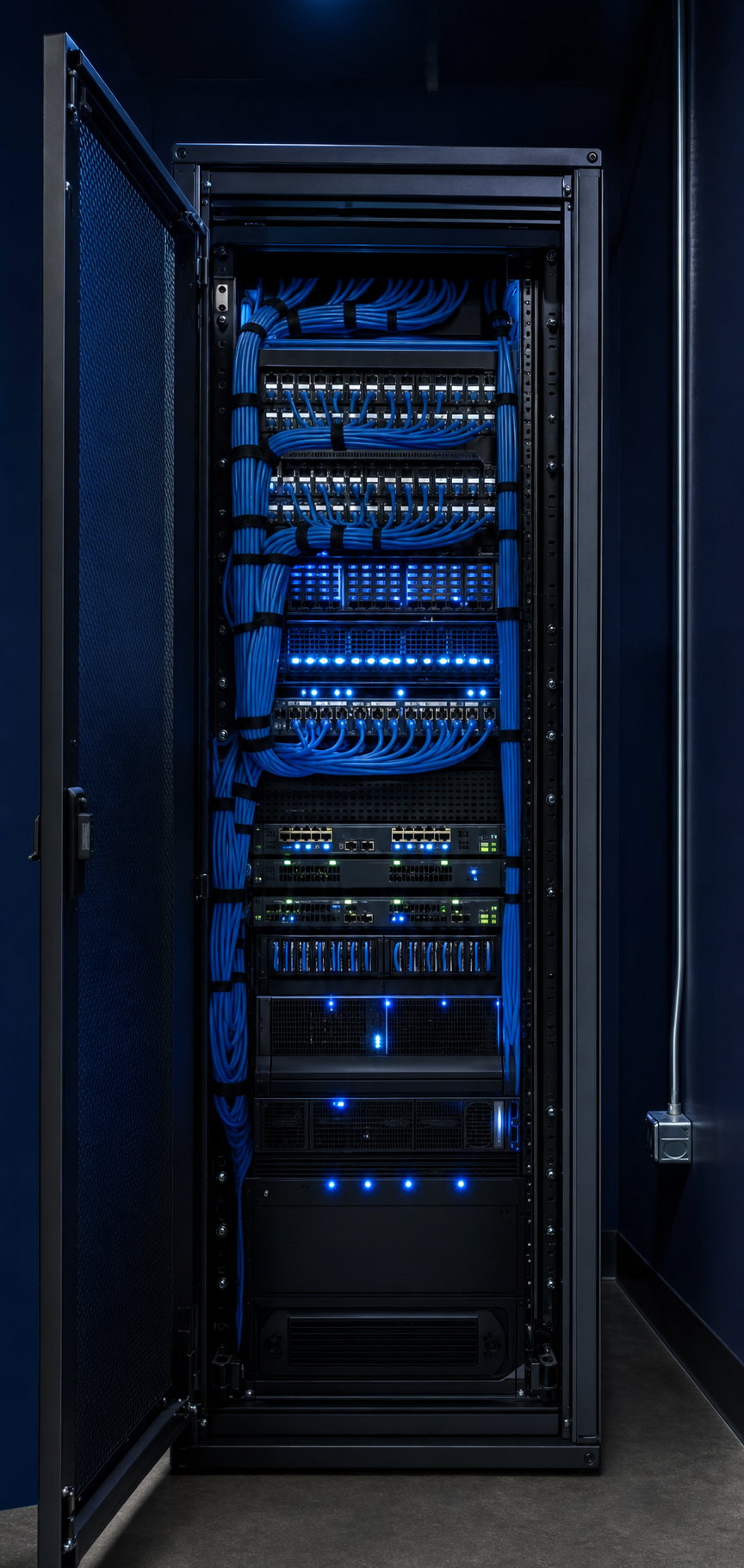 Cleanly organized server rack with blue ethernet cabling in a restaurant data closet
