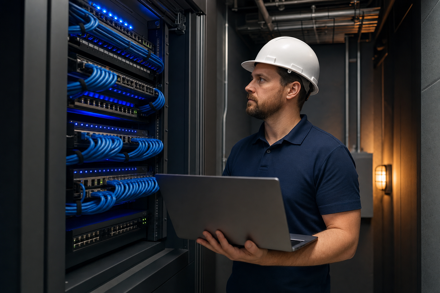 Gtex technician with a laptop and blueprints installing network equipment