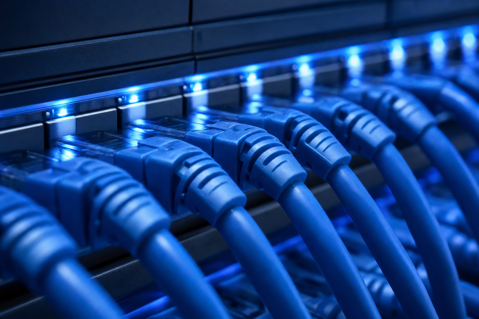 Close-up of neatly terminated blue ethernet cables in a patch panel